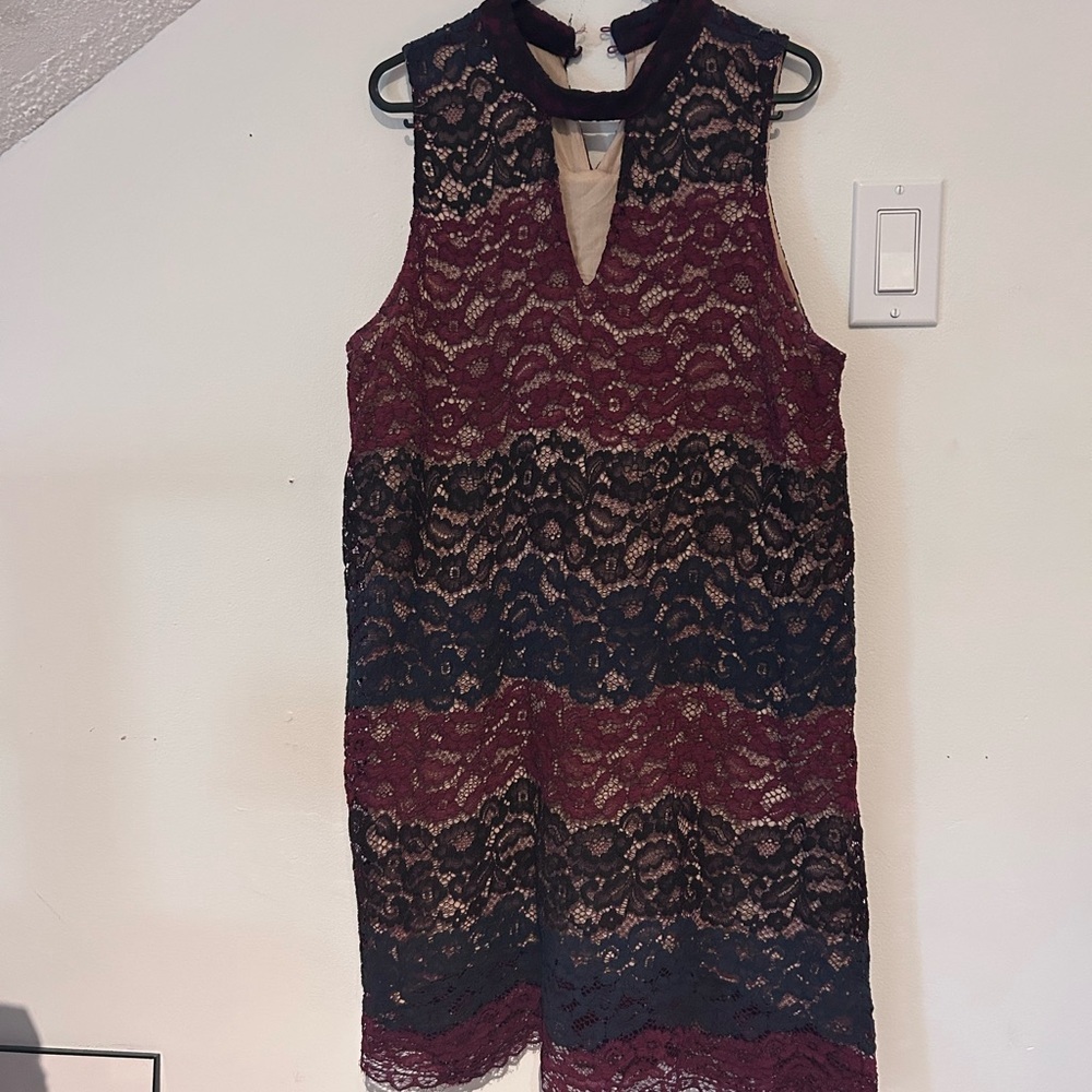 Moon River Lace Midi Dress - Burgundy and Navy